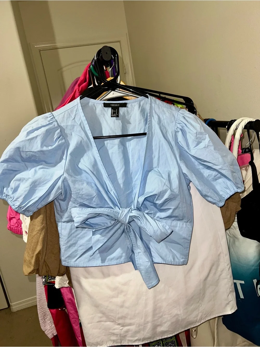 Forever 21 Poplin Light Blue Bow-Front Puff Sleeve Crop Top